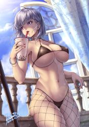 Rule 34 | 1girl, ahoge, athena (lioreo), bikini, black bikini, blush, breasts, bubble tea, choker, cup, curtains, dated, day, drinking straw, elbow rest, fishnets, floating hair, highres, holding, jewelry, large breasts, leaning, lioreo, looking away, nail polish, navel, open window, original, outdoors, purple eyes, purple hair, red nails, ring, short hair, sidelocks, signature, skindentation, solo, stomach, swimsuit, window