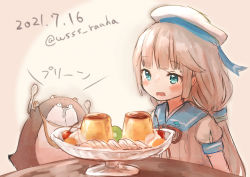Rule 34 | 1girl, blue sailor collar, bokukawauso, commentary request, food, green eyes, grey hair, hat, highres, kantai collection, long hair, low twintails, mikura (kancolle), one-hour drawing challenge, otter, pudding, puffy short sleeves, puffy sleeves, sailor collar, sailor hat, sailor shirt, shirt, short sleeves, spoon, twintails, twitter username, upper body, white headwear, white shirt, wss (nicoseiga19993411)