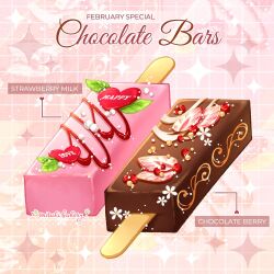 Rule 34 | candy, chocolate, chocolate bar, chocolate syrup, chocomiruki, commentary request, english text, flower, food, food focus, fruit, grid background, heart, leaf, no humans, original, pink background, popsicle stick, projected inset, sparkle, strawberry, strawberry slice, white flower