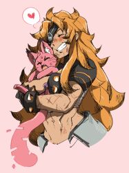 Rule 34 | 2girls, abs, ahichiru, ai.mi (omega strikers), anger vein, angry, animal, animal ear fluff, animalization, asher (omega strikers), black gloves, cat, closed eyes, eyepatch, gloves, highres, holding, holding animal, hug, long hair, multiple girls, muscular, muscular female, omega strikers, open mouth, orange hair, scratches, smile
