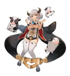 Rule 34 | 1girl, animal print, bell, bikini, black footwear, black sleeves, blackball, boots, bottle, breasts, chinese zodiac, commentary, cow, cow boy, cow girl, cow horns, cow print, detached sleeves, dress, floating, full body, grey hair, hair bell, hair ornament, highres, hoof shoes, horns, jingle bell, large breasts, looking at viewer, medium hair, microdress, milk bottle, new year, open mouth, print bikini, red eyes, sidelocks, simple background, smile, solo, standing, swimsuit, thigh boots, thighhighs, w arms, white background, white dress, year of the ox