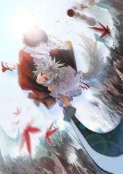 Rule 34 | 1girl, absurdres, animal, animal ears, bare shoulders, bird, detached sleeves, deviantart thumbnail, foreshortening, geta, grey hair, hat, unworn hat, unworn headwear, highres, holding, holding shield, holding sword, holding weapon, image sample, incoming attack, inubashiri momiji, leaf, lens flare, looking at viewer, maple leaf, motion blur, outdoors, outstretched arm, pom pom (clothes), red eyes, shield, shinigami wyvern, skirt, sky, solo, sun, sword, tail, tengu-geta, tokin hat, touhou, upside-down, water, waterfall, weapon, wide sleeves, wolf ears, wolf tail