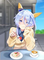 Rule 34 | absurdres, alternate costume, blue eyes, blue hair, blurry, blurry background, blush, cake, casual, closed mouth, commentary request, dating, food, fork, fruit, gakeumi, hair between eyes, hair ornament, highres, horse girl, k.s.miracle (umamusume), looking at viewer, sky, smile, strawberry, table, tea, umamusume