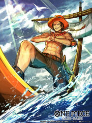 Rule 34 | 1boy, abs, arm tattoo, bead necklace, beads, black eyes, black hair, boat, clenched hand, clenched teeth, commentary request, cowboy hat, dagger, english text, freckles, hat, jewelry, knife, male focus, necklace, nijihayashi, official art, one piece, orange hat, outdoors, portgas d. ace, short hair, smile, solo, tattoo, teeth, topless male, translation request, watercraft, weapon