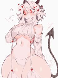 Rule 34 | 1girl, bare hips, bare shoulders, blush, breasts, demon girl, demon horns, demon tail, garter straps, heart, heart-shaped pupils, helltaker, highres, horns, large breasts, looking to the side, medium hair, meme attire, midriff, modeus (helltaker), navel, panties, red eyes, sidelocks, sweater, symbol-shaped pupils, tail, thick thighs, thighs, underboob, underwear, usa37107692, white hair, white panties, white sweater, wide hips