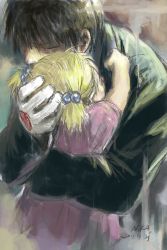 Rule 34 | 1boy, 1girl, artist name, black hair, child, closed eyes, coat, dated, elicia hughes, frown, fullmetal alchemist, gloves, hand on another&#039;s head, hetero, hug, pink shirt, roy mustang, roylilith, shirt, short hair, simple background, twintails