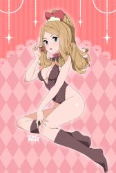 Rule 34 | 1girl, adapted costume, blue eyes, blush, breasts, brown hair, brown leotard, brown socks, cleavage, commentary request, creatures (company), eyelashes, food, fruit, full body, game freak, hand up, highres, holding, holding food, holding fruit, leotard, long hair, nintendo, official alternate costume, open mouth, parted bangs, pokemon, pokemon masters ex, ponytail, r3dfive, ribbed leotard, serena (palentine&#039;s 2021) (pokemon), serena (pokemon), shiny skin, sidelocks, socks, solo, strawberry, valentine