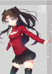 Rule 34 | 1girl, absurdres, bad id, bad pixiv id, black hair, blue eyes, brown hair, chromatic aberration, fate/stay night, fate (series), guaikalong, highres, long hair, meme attire, open-chest sweater, solo, sweater, thighhighs, tohsaka rin, two side up
