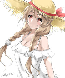 Rule 34 | 1girl, alternate costume, braid, breasts, brown eyes, brown hat, cleavage, cloud hair ornament, dress, gakky, gradient hair, hat, kantai collection, light brown hair, long hair, medium breasts, minegumo (kancolle), multicolored hair, simple background, solo, straw hat, sun hat, sundress, twin braids, upper body, white background, white dress