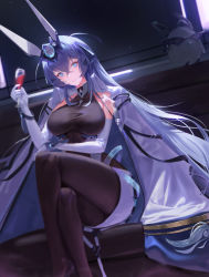 Rule 34 | 1girl, azur lane, bare shoulders, black legwear, blue eyes, blush, bodystocking, breasts, closed mouth, coat, coat on shoulders, creature, crossed legs, cup, drink, drinking glass, elbow gloves, feet out of frame, gloves, hair between eyes, hair intakes, headgear, high-waist skirt, highres, holding, holding cup, indoors, large breasts, long hair, manjuu (azur lane), new jersey (azur lane), new jersey (exhilarating steps!) (azur lane), official alternate costume, purple hair, sansan (dongfangzhong111), skirt, smile, solo focus, underbust, very long hair, white coat, white gloves, white skirt, wrist guards