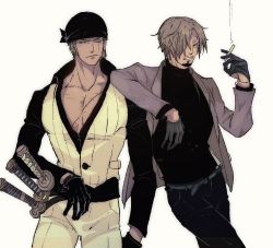 Rule 34 | 2boys, alternate costume, bandana, black shirt, cigarette, earrings, facial hair, goatee, highres, holding, holding cigarette, jacket, jewelry, katana, large pectorals, laulaubi, leaning on person, male focus, multiple boys, muscular, muscular male, one piece, open clothes, open jacket, open shirt, pants, partially unbuttoned, pectoral cleavage, pectorals, roronoa zoro, sanji (one piece), scar, scar across eye, scar on chest, scar on face, shirt, short hair, sideburns, single earring, smoke, stitches, sword, weapon, white pants