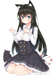 Rule 34 | 1girl, animal ears, black hair, blue eyes, blush, breasts, cat, cat ears, coffeedog, long hair, long sleeves, looking at viewer, meme attire, original, paw pose, simple background, sitting, solo, virgin killer outfit, wariza, white background