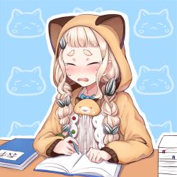 Rule 34 | 1girl, animal, animal ears, animal hood, blue background, blue bow, blush, bow, braid, brown jacket, closed eyes, commentary request, crying, dress, facing viewer, fake animal ears, gonzalez (machita chima), hair ornament, hamster, hamster ears, highres, holding, holding pencil, hood, hood up, hooded jacket, jacket, ky (ky990533), light brown hair, machita chima, machita chima (3rd costume), mechanical pencil, nijisanji, open clothes, open jacket, outline, parted lips, pencil, seed, short shorts, shorts, sunflower seed, table, tears, thick eyebrows, twin braids, twintails, upper body, virtual youtuber, white dress, white outline