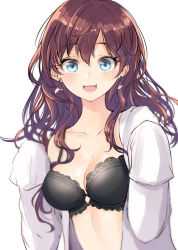 Rule 34 | 10s, 1girl, :d, black bra, blue eyes, blush, bra, breasts, brown hair, cleavage, collarbone, earrings, highres, ichinose shiki, idolmaster, idolmaster cinderella girls, jewelry, lab coat, long hair, looking at viewer, medium breasts, minato (shouno), off shoulder, open mouth, simple background, sleeves past wrists, smile, solo, underwear, upper body, wavy hair, white background