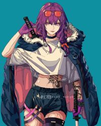 Rule 34 | 1girl, arm tattoo, blue background, choker, crop top, dual wielding, eyewear on head, fur trim, highres, holding, hood, jacket, katana, looking at viewer, midriff, nest virgo, open clothes, open jacket, original, pink eyes, pink lips, purple hair, shorts, signature, smile, solo, stomach tattoo, sword, tattoo, weapon