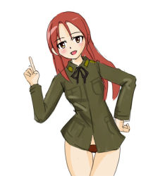 Rule 34 | 00s, 1girl, blush, hand on own hip, hip focus, lindor, long hair, military, military uniform, minna-dietlinde wilcke, panties, pointing, red hair, red panties, ribbon, solo, strike witches, thigh gap, thighs, underwear, uniform, world witches series, yellow eyes