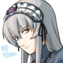 Rule 34 | &gt;:), 00s, 1girl, brown eyes, grey hair, hairband, jingai modoki, lolita hairband, looking at viewer, lowres, maid headdress, portrait, red eyes, rozen maiden, solo, suigintou, v-shaped eyebrows, white background