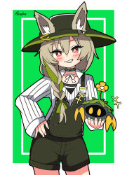 Rule 34 | 1girl, :d, absurdres, animal ears, arknights, beanstalk (arknights), blush, border, collarbone, collared shirt, commentary request, contrapposto, fox ears, fox girl, green background, green hair, green hat, green overalls, green shorts, grin, hair between eyes, hair over shoulder, hand on own hip, hat, head tilt, hendra, highres, id card, infection monitor (arknights), inset border, legs apart, long hair, long sleeves, looking at viewer, low-braided long hair, low-tied long hair, metal crab (arknights), multicolored hair, neck ribbon, open collar, open mouth, pinstripe pattern, pinstripe shirt, red eyes, ribbon, shirt, shorts, signature, simple background, sleeves past wrists, smile, solo, teeth, two-tone hair, white border, white ribbon, white shirt