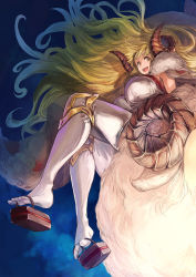 Rule 34 | 1girl, :d, anila (granblue fantasy), animal, blonde hair, breasts, cape, draph, dutch angle, flying, from below, fur cape, granblue fantasy, highres, horns, huge breasts, knee pads, legs, long hair, looking at viewer, night, night sky, open mouth, riding, sandals, sheep, sheep horns, shoe dangle, shouma (bravespiritya), sky, smile, solo, thighhighs, very long hair, white thighhighs, yellow eyes