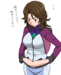 Rule 34 | 00s, 1girl, belly grab, blush, breasts, brown hair, gloves, grey eyes, gundam, gundam 00, large breasts, midriff, muffin top, navel, plump, solo, standing, sumeragi lee noriega, sweat, translated, weight conscious, youkan