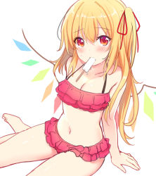 Rule 34 | 1girl, alternate costume, arm support, asymmetrical hair, bikini, blonde hair, blush, breasts, cleavage, collarbone, crystal, eyelashes, flandre scarlet, food, food in mouth, frilled bikini, frilled swimsuit, frills, hair between eyes, hair ribbon, looking at viewer, navel, one side up, popsicle, red bikini, red ribbon, ribbon, rimu (kingyo origin), short hair, simple background, sitting, small breasts, solo, stomach, sweatdrop, swimsuit, thighs, touhou, white background, wings, yokozuwari