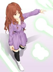 Rule 34 | 1girl, arm at side, artist request, black thighhighs, boots, breasts, brown eyes, brown hair, cleavage, dress, female focus, grin, large breasts, laser, lavender dress, long hair, long sleeves, matching hair/eyes, mugino shizuri, naughty face, outstretched arm, shadow, smile, solo, standing, thighhighs, toaru kagaku no railgun, toaru majutsu no index, white footwear, zettai ryouiki