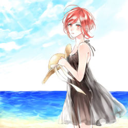 Rule 34 | 1girl, alternate costume, bad id, bad pixiv id, beach, black dress, breasts, cloud, day, dress, from side, hat, no.6, outdoors, red eyes, red hair, safu, see-through silhouette, shiro (shounen to hero), short hair, solo, sun hat, sundress