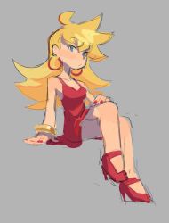 Rule 34 | 1girl, ahoge, blonde hair, blue eyes, bracelet, breasts, commentary, earrings, english commentary, grey background, hand on own knee, highres, hoop earrings, jewelry, long hair, medium breasts, nail polish, panty &amp; stocking with garterbelt, panty (psg), piku184, red nails, sitting