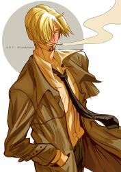 Rule 34 | 1boy, absurdres, black necktie, black pants, blonde hair, blush, brown coat, cigarette, coat, collared shirt, curly eyebrows, facial hair, hair over one eye, hand in pocket, highres, long sleeves, male focus, necktie, one piece, pants, rita ya, sanji (one piece), shirt, short hair, smile, smoke, smoking, solo, standing, trench coat, twitter username, white shirt