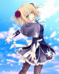 Rule 34 | 1girl, bad id, bad pixiv id, black pantyhose, blonde hair, blue skirt, blue theme, bow, cloud, cowboy shot, flower knight girl, green eyes, haineko (die verschwand), hair ornament, looking at viewer, looking back, nail polish, outstretched arms, pantyhose, shawl, short hair, skirt, sky, smile, snowdrop (flower knight girl), solo, spread arms, white bow