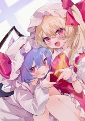 Rule 34 | 2girls, :d, :p, bat wings, blonde hair, blue hair, blush, closed mouth, commentary request, eyes visible through hair, fang, feet out of frame, flandre scarlet, frilled shirt collar, frilled wrist cuffs, frills, hair between eyes, hair ribbon, hand up, hat, hat ribbon, heart, heart hands, heart hands duo, highres, long hair, long sleeves, looking at viewer, mob cap, moni monico, multiple girls, nail polish, open mouth, pink hat, puffy short sleeves, puffy sleeves, red eyes, red nails, red ribbon, red vest, remilia scarlet, ribbon, shirt, short hair, short sleeves, siblings, side ponytail, simple background, sisters, sitting, skin fang, smile, tongue, tongue out, touhou, tsurime, vest, white background, white shirt, wings, wrist cuffs
