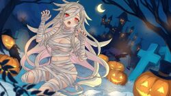 Rule 34 | 1girl, :o, bandaged arm, bandaged leg, bandages, bird, black nails, character request, claw pose, commentary, copyright request, crow, grey hair, highres, jack-o&#039;-lantern, long hair, looking at viewer, mummy costume, nail polish, navel, open clothes, outdoors, red eyes, sitting, solo, ten-chan (eternal s), very long hair, wariza