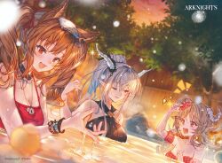 3girls angelina_(arknights) angelina_(summer_flower)_(arknights) animal_ears arknights bikini black_collar black_one-piece_swimsuit casual_one-piece_swimsuit collar demon_horns earpiece eyjafjalla_(arknights) eyjafjalla_(summer_flower)_(arknights) flower fox_ears fox_girl goat_ears goat_horns hair_flower hair_ornament hibiscus highres horns infection_monitor_(arknights) multiple_girls niii off-shoulder_bikini off_shoulder official_alternate_costume one-piece_swimsuit onsen pink_bikini pink_flower plaid_bikini plaid_clothes pointy_ears red_one-piece_swimsuit red_ribbon ribbon sheep sheep_ears sheep_girl sheep_horns shining_(arknights) shining_(silent_night)_(arknights) swimsuit twintails