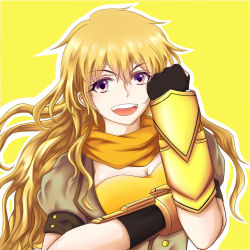 Rule 34 | &gt;:d, 1girl, :d, blonde hair, breasts, cleavage, fingerless gloves, gloves, long hair, messy hair, open mouth, purple eyes, ruko, rwby, scarf, smile, solo, teeth, v-shaped eyebrows, yang xiao long, yellow background