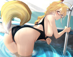 Rule 34 | 1girl, animal ear fluff, animal ears, ass, back, black one-piece swimsuit, blonde hair, blush, breasts, breasts out, commission, competition swimsuit, fang, fox ears, fox girl, fox tail, from behind, glasses, hair between eyes, highres, large breasts, long hair, looking at viewer, looking back, nipples, one-piece swimsuit, original, pallad, pool, poolside, red eyes, skeb commission, skin fang, solo, standing, swimsuit, tail, wading, water, water drop, wet