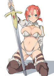 Rule 34 | 1girl, armor, belt, bikini, bikini armor, blue eyes, boots, boudica (fate), breasts, doushimasho, eyebrows hidden by hair, fate/grand order, fate (series), hair between eyes, holding, holding sword, holding weapon, kneeling, large breasts, leg belt, looking at viewer, ponytail, red hair, short hair, simple background, smile, solo, spread legs, swimsuit, sword, thigh boots, weapon, white background