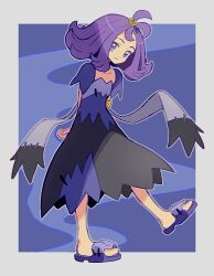 Rule 34 | 1girl, acerola (pokemon), armlet, blue background, border, closed mouth, creatures (company), dress, flipped hair, full body, game freak, grey eyes, hair ornament, highres, medium hair, nintendo, outline, pokemon, pokemon sm, purple footwear, purple hair, rii (mrhc7482), sandals, short sleeves, smile, solo, stitches, topknot, torn clothes, torn dress
