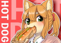 Rule 34 | 1girl, 848siba, absurdres, brown hair, dog, eating, food, food in mouth, food on face, furry, furry female, green eyes, highres, hot dog, ponytail, school uniform, solo