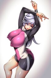 Rule 34 | 1girl, arms up, artist request, ass, bodysuit, breasts, character request, covered erect nipples, grey hair, highres, large breasts, legs, lipstick, long hair, makeup, open mouth, pink lips, purple eyes, shorts, smile, solo, sportswear, thighs