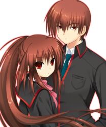 Rule 34 | 1boy, 1girl, black jacket, blue necktie, brother and sister, brown hair, closed mouth, collared shirt, commentary request, expressionless, eyes visible through hair, floating hair, frown, hair between eyes, jacket, little busters!, long hair, long sleeves, looking at viewer, looking back, natsume kyousuke, natsume rin, necktie, otou (otou san), pink ribbon, ponytail, red eyes, ribbon, school uniform, shirt, short hair, siblings, sidelocks, simple background, straight hair, upper body, upturned eyes, very long hair, white background, white shirt