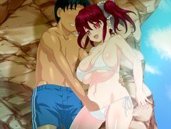 Rule 34 | 1boy, 1girl, bare shoulders, bikini, blush, breasts, cleavage, fingering, futa with male, futakosu, futanari, highres, large breasts, long hair, open mouth, pink eyes, potato house, red hair, smile, swimsuit, twintails