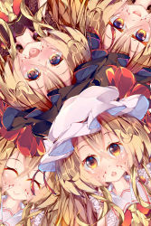 Rule 34 | 4girls, alternate color, alternate eye color, ascot, blonde hair, blush, brown dress, brown headwear, chestnut mouth, closed eyes, closed mouth, collared shirt, dress, eyes visible through hair, fant, fingernails, flandre scarlet, four of a kind (touhou), frills, hair between eyes, hands on own face, hands up, hat, hat ribbon, heart, heart in mouth, highres, long fingernails, looking at viewer, looking up, lying, mob cap, multiple girls, nail polish, necktie, on back, one side up, open mouth, pink heart, puffy short sleeves, puffy sleeves, red dress, red nails, red ribbon, ribbon, shirt, short hair, short sleeves, smile, touhou, upper body, white headwear, white shirt, wrist cuffs, yellow ascot, yellow eyes, yellow necktie