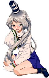 Rule 34 | 1girl, bad id, bad twitter id, blue footwear, blue hat, blue skirt, blush, breasts, embarrassed, grey eyes, grey hair, hat, highres, long hair, long sleeves, mononobe no futo, open mouth, ponytail, simple background, sitting, skirt, sleeves past fingers, sleeves past wrists, small breasts, sweatdrop, tate eboshi, touhou, wariza, white background, wide sleeves, zawapirori