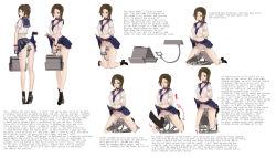Rule 34 | 1girl, absurdres, animal collar, arms behind back, arrow (symbol), bag, bdsm, bondage, bound, breasts, brown hair, closed eyes, clothes lift, collar, english text, engrish text, full body, high heels, highres, kneeling, knees together feet apart, lamb (artist), large breasts, lifted by self, looking at viewer, looking back, machinery, male hand, midriff, multiple views, one eye closed, panties, pleated skirt, ranguage, school bag, school uniform, serafuku, shoes, short hair, simple background, skirt, skirt lift, socks, spread legs, standing, text focus, typo, underwear, white background, wooden horse