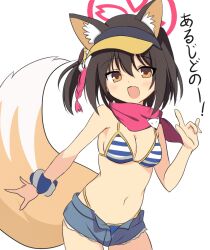Rule 34 | 1girl, :d, animal ears, bikini, black hair, blue archive, breasts, commentary request, curakuru, fang, fox ears, fox girl, fox tail, halo, izuna (blue archive), izuna (swimsuit) (blue archive), long hair, looking at viewer, medium breasts, navel, official alternate costume, open mouth, red halo, red scarf, scarf, short hair, simple background, smile, solo, striped bikini, striped clothes, swimsuit, tail, translation request, visor cap, white background, yellow eyes
