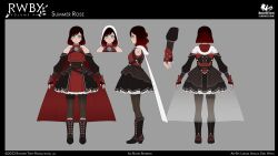 Rule 34 | 1girl, artist name, back, boots, character name, character sheet, commentary, copyright name, detached sleeves, dress, english commentary, erin winn, fingerless gloves, from side, full body, gloves, grey background, grey eyes, highres, looking at viewer, multiple views, official art, pantyhose, red hair, rwby, summer rose, watermark