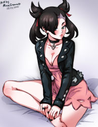 Rule 34 | 1girl, artist name, asymmetrical bangs, bare legs, barefoot, bed sheet, black choker, black hair, black jacket, black nails, breasts, choker, cleavage, collarbone, creatures (company), dated, dress, game freak, green eyes, hair ribbon, jacket, jewelry, lips, looking at viewer, marnie (pokemon), medium breasts, mina cream, nail polish, nintendo, pendant choker, pink dress, pokemon, pokemon swsh, red ribbon, ribbon, ring, short dress, sitting, solo, thighs, twintails, two side up