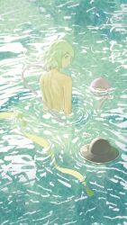 Rule 34 | 1girl, absurdres, closed mouth, commentary request, from behind, green eyes, green hair, hat, highres, koishi day, komeiji koishi, looking back, medium hair, partially submerged, profile, ribbon, sly930105, solo, third eye, topless, touhou, unworn hat, unworn headwear, water, wide shot, yellow ribbon