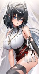 Rule 34 | 1girl, arknights, bare shoulders, black gloves, black hair, black hairband, black thighhighs, blue eyes, breasts, cantabile (arknights), cross, cross necklace, elbow gloves, feather hair, gloves, hair between eyes, hairband, highres, horn/wood, jewelry, large breasts, long hair, looking at viewer, mole, mole under eye, necklace, parted lips, single glove, solo, thighhighs, thighs