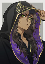 1boy animal_ears black_robe braid brown_hair dark-skinned_male dark_skin green_eyes grey_background hood hood_up leona_kingscholar lion_boy lion_ears long_hair looking_at_viewer male_focus rezigigasunoyume robe simple_background slit_pupils solo twin_braids twisted_wonderland upper_body